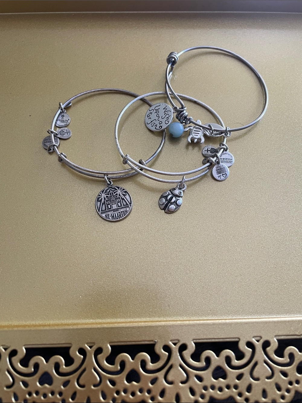 Set of Three Silver Tone Bangle Charm Bracelets, Alex & Ani & Other